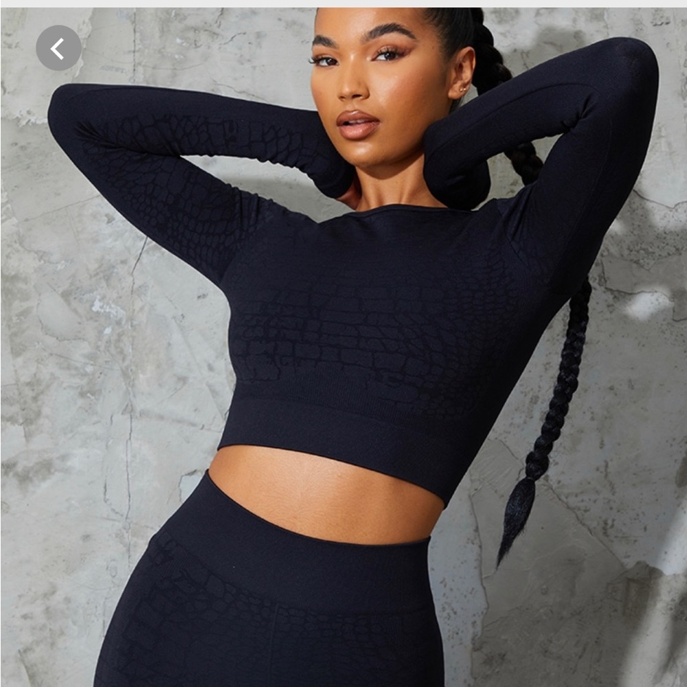 NWT Pretty Little Thing Black Croc Effect Crop Top and leggings.